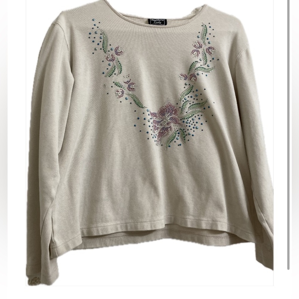 Beige Long Sleeve Beaded Top